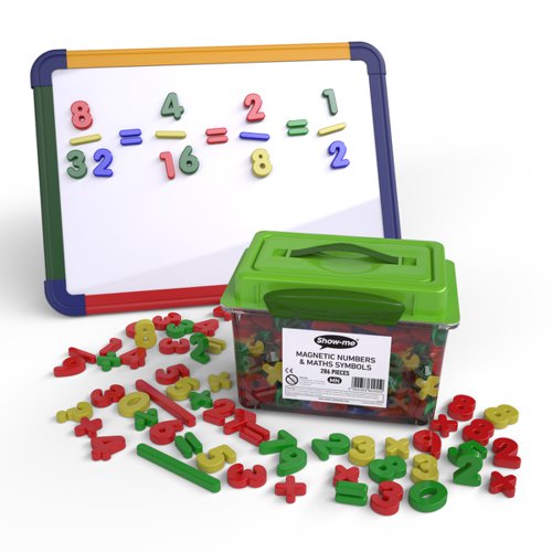 Tub of Show-me magnetic numbers and maths symbols, ideal for identifying numbers and key maths symbols, and performing key mathematical operations, in individual, group and class activities. Contains 22 each of numbers 0 - 9, and 11 each of the 6 maths symbols, in assorted vibrant colours, at approx. 35mm tall.Supplied in a handy tub with carry handle to keep classrooms tidy and organised.