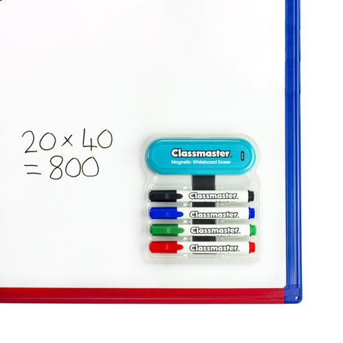 This handy Classmaster Magnetic Whiteboard Organiser is suitable for use with wall-mounted magnetic whiteboards and provides convenient storage for, and access to, your drywipe markers and whiteboard eraser. The handy organiser contains space for up to 4 markers and 1 eraser. This organiser comes supplied with 4 bullet tip drywipe markers in black, blue, red and green, and a large magnetic whiteboard eraser.