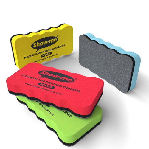 Show-me magnetic whiteboard erasers suitable for use on all drywipe boards, but especially ideal for wall-mounted boards. Each eraser is soft to the touch and ergonomically shaped to ensure ultimate comfort when erasing with the washable surface. They can be safely stored on the board if it is magnetic, too.Pack contains 24 x erasers in four exciting and vibrant colours – green, pink, yellow and blue.