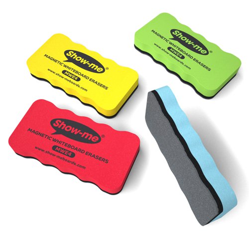 Show-me magnetic whiteboard erasers suitable for use on all drywipe boards, but especially ideal for wall-mounted boards. Each eraser is soft to the touch and ergonomically shaped to ensure ultimate comfort when erasing with the washable surface. They can be safely stored on the board if it is magnetic, too.Pack contains 24 x erasers in four exciting and vibrant colours – green, pink, yellow and blue.