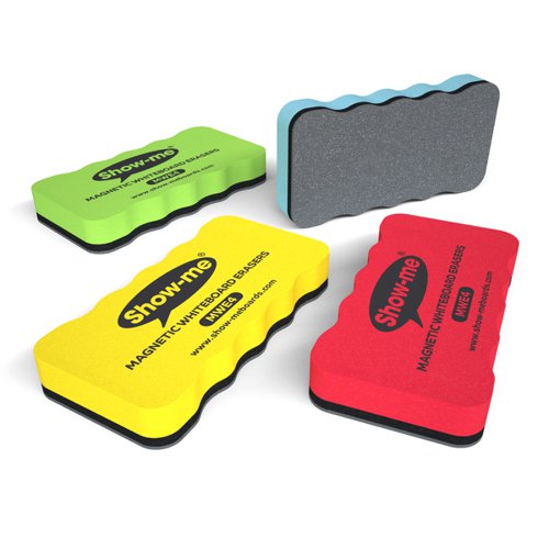 These magnetic whiteboard erasers are for use on drywipe boards. Soft to the touch and ergonomically shaped, these erasers are an ideal purchase for teachers. These colourful erasers help to keep your whiteboards in top shape and come in four assorted colours: green, pink, yellow and blue.