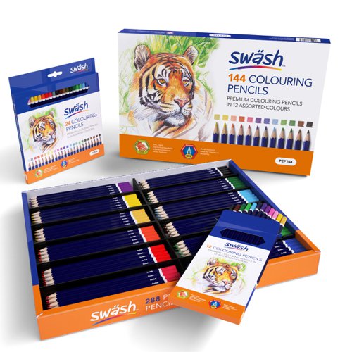 Pre-sharpened and ready-to-use straight out of the box, these Swäsh colouring pencils are ideal for artists of all ages.  Each pencil contains break-resistant, easy to blend, extra-thick lead, which is ideal for colouring and more advanced drawing techniques, such as shading and hatching. The hexagonal barrels mean there is no need to worry about breakages or pencils rolling under desks out of reach.   Pack contains 144 colouring pencils in 12 assorted colours; supplied in a compartmentalised tray to keep your pencils tidy and organised.