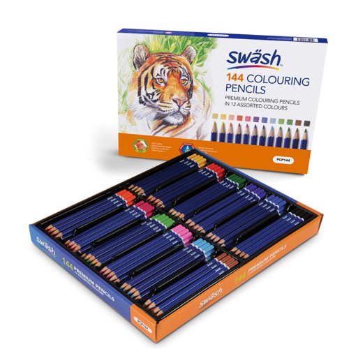 Pre-sharpened and ready-to-use straight out of the box, these Swäsh colouring pencils are ideal for artists of all ages.  Each pencil contains break-resistant, easy to blend, extra-thick lead, which is ideal for colouring and more advanced drawing techniques, such as shading and hatching. The hexagonal barrels mean there is no need to worry about breakages or pencils rolling under desks out of reach.   Pack contains 144 colouring pencils in 12 assorted colours; supplied in a compartmentalised tray to keep your pencils tidy and organised.