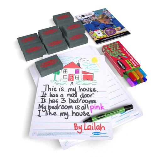 Support communication skills, back up writing with drawing, make links between events and more with these picture story Show-me boards. Ideal for quick and easy visual assessment, each board features a blank space for an illustration with ruled lines underneath for a short story on one side, with a plain reverse. Show-me boards are made from Polypropylene, making them 100% recyclable. Simply pop into your usual recycling bin or take part in the free Show-me send-back recycling scheme. Made sustainably in the UK with low-energy technology. Small pack contains 10 each of boards, markers, and erasers, and a whiteboard care and maintenance guide/ poster.