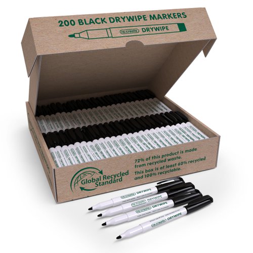 ReCreate Box 200 Black Drywipe Pens - Made from 100% recycled plastic