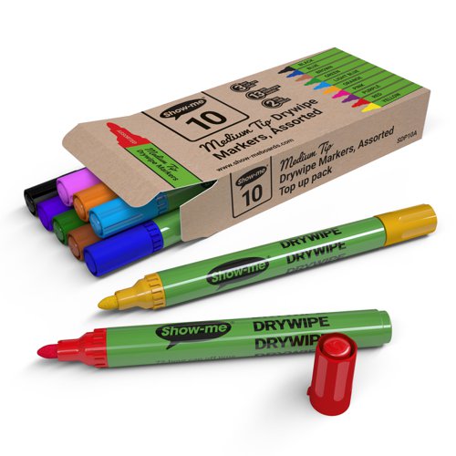 Show-me Box 10 Medium Tip Slim Barrel Drywipe Markers - Assorted Colours