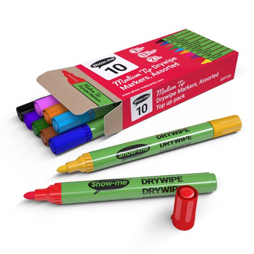 Show-me Drywipe Marker Medium Tip Slim Barrel Assorted Colours (Pack 10) - SDP10A