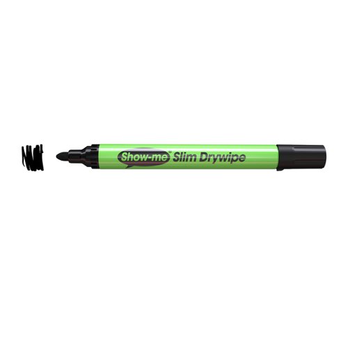 Show-me drywipe markers have been designed specifically for education, and they’re trusted by thousands of schools around the globe. Each pen benefits from: a slim barrel with easy fit lid, an extra-hard nib that will not easily splay out, and nib-stop that prevents the tip from being pushed into the barrel. They're safety optimised with low odour, xylene-free ink, safety airflow caps, and boast a 3-day cap-off time to prevent drying out. Show-me drywipe markers are both refillable and recyclable as part of the Show-me recycling scheme. This pack contains 12 medium tip drywipe markers in black ink.