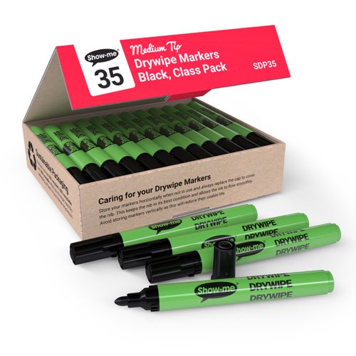Show-me Class Pack of 35 Medium Tip Slim Barrel Drywipe Markers in Black