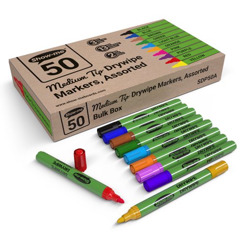 Show-me Box 50 Medium Tip Slim Barrel Drywipe Markers - Assorted Colours