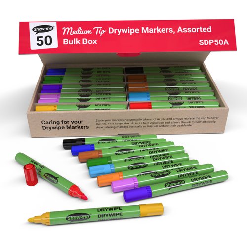 Show-me Drywipe Marker Medium Bullet Tip Slim Barrel Assorted Colours (Pack 50) - SDP50A