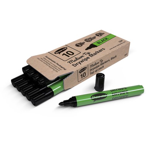 Show-me Box 10 Medium Tip Slim Barrel Drywipe Markers - Black