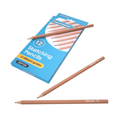 Pack of 12 Classmaster graphite sketching pencils in grades 4H to 6B. Each pencil has a strong, wooden, hexagonal body and contains break-resistant leads that provide excellent writing and shading experiences. Grades included are: 4H, 3H, 2H, H, F, HB, B, 2B, 3B, 4B, 5B, and 6B.