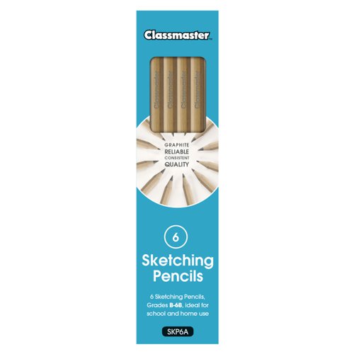 Pack of 6 Classmaster graphite sketching pencils in grades B to 6B. Each pencil has a strong, wooden, hexagonal body and contains break-resistant leads that provide great excellent, writing, and shading experiences.