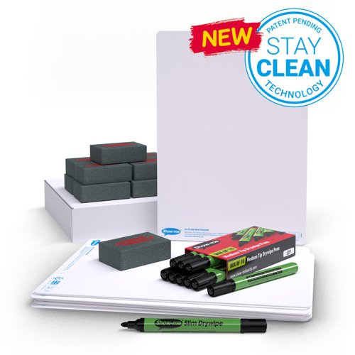 High-quality A4 plain drywipe boards ideal for use across the curriculum; write, draw, work out, record and mind map anything and everything. Each board is double-sided, plain both sides, and can be used to increase engagement and interaction with students of all ages. Also use for inspirational message boards, to-do lists, staff on duty information, target monitoring, and more; no need to waste endless reams of paper. This pack includes 10 boards, drywipe pens, and mini foam erasers.