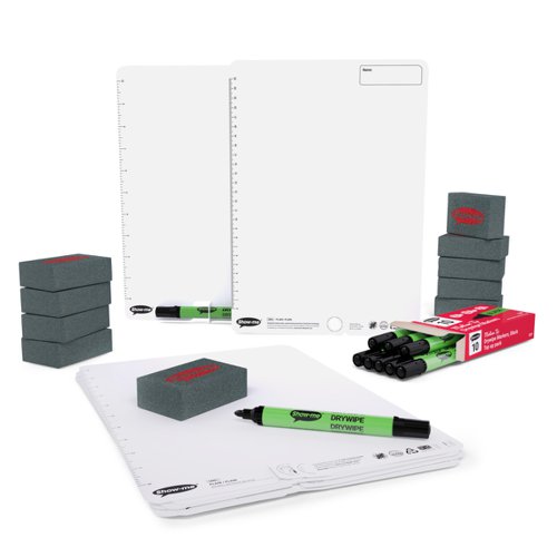 Show-me Kit of 10 x A4 Plain/Plain with Pen Holder and Printed Ruler Whiteboards with Pens and Erasers