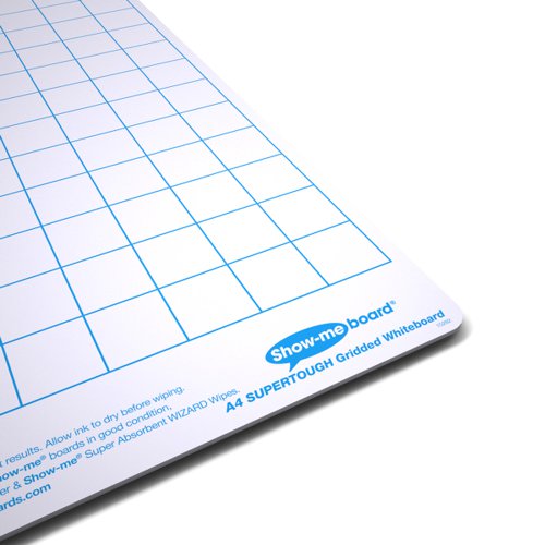 Think inside the box both in and out of the classroom with SUPERTOUGH gridded Show-me boards. Take learning on the move with Show-me SUPERTOUGH boards. At 85% thicker than a standard Show-me board, they're ideal for working on the floor, in playgrounds, on field trips and more. Ideal for quick and easy visual assessment, each board is pre-printed with a light blue gridded pattern on one side with a plain reverse.Show-me boards are made from Polypropylene, making them 100% recyclable. Simply pop into your usual recycling bin or take part in the free Show-me send-back recycling scheme.  Made sustainably in the UK with low-energy technology.  Small pack contains 10 each of boards, markers, and erasers, and a whiteboard care and maintenance guide/ poster.
