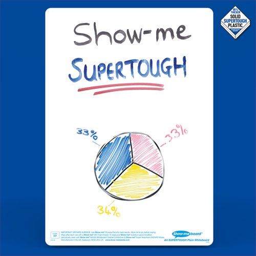 Write, draw, work out, record and mind map anything and everything both in and out of the classroom with SUPERTOUGH plain Show-me boards. Take learning on the move with Show-me SUPERTOUGH boards. At 85% thicker than a standard Show-me board, they're ideal for working on the floor, in playgrounds, on field trips and more. Show-me boards are made from Polypropylene, making them 100% recyclable. Simply pop into your usual recycling bin or take part in the free Show-me send-back recycling scheme. Made sustainably in the UK with low-energy technology. Pack contains 10 boards.