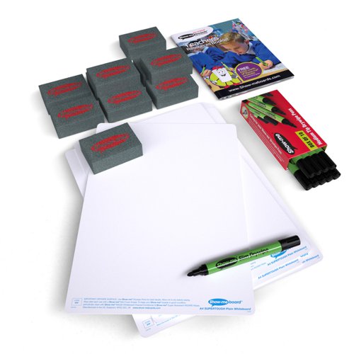 Write, draw, work out, record and mind map anything and everything both in and out of the classroom with SUPERTOUGH plain Show-me boards. Take learning on the move with Show-me SUPERTOUGH boards. At 85% thicker than a standard Show-me board, they're ideal for working on the floor, in playgrounds, on field trips and more. Show-me boards are made from Polypropylene, making them 100% recyclable. Simply pop into your usual recycling bin or take part in the free Show-me send-back recycling scheme. Made sustainably in the UK with low-energy technology. Small pack contains 10 each of boards, markers, and erasers, and a whiteboard care and maintenance guide/ poster.