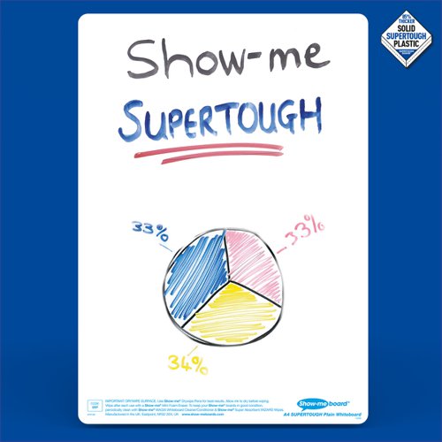 Write, draw, work out, record and mind map anything and everything both in and out of the classroom with SUPERTOUGH plain Show-me boards. Take learning on the move with Show-me SUPERTOUGH boards. At 85% thicker than a standard Show-me board, they're ideal for working on the floor, in playgrounds, on field trips and more. Show-me boards are made from Polypropylene, making them 100% recyclable. Simply pop into your usual recycling bin or take part in the free Show-me send-back recycling scheme. Made sustainably in the UK with low-energy technology. Small pack contains 10 each of boards, markers, and erasers, and a whiteboard care and maintenance guide/ poster.