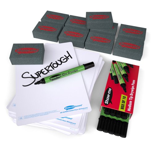 Write, draw, work out, record and mind map anything and everything both in and out of the classroom with SUPERTOUGH plain Show-me boards. Take learning on the move with Show-me SUPERTOUGH boards. At 85% thicker than a standard Show-me board, they're ideal for working on the floor, in playgrounds, on field trips and more. Show-me boards are made from Polypropylene, making them 100% recyclable. Simply pop into your usual recycling bin or take part in the free Show-me send-back recycling scheme. Made sustainably in the UK with low-energy technology. Small pack contains 10 each of boards, markers, and erasers, and a whiteboard care and maintenance guide/ poster.