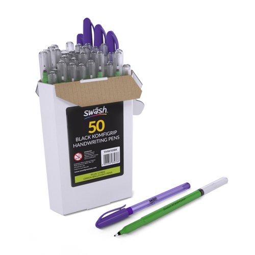 Swash Box 50 Handwriting Pens Black - With 5 Free Swash Premium Triangular Ballpoint Pens in Purple