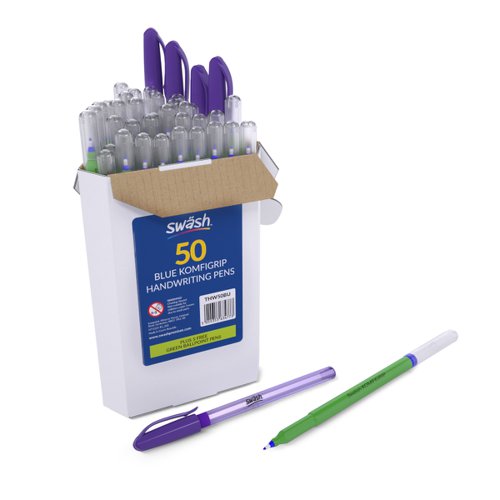 Swash Box 50 Handwriting Pens Blue - With 5 Free Swash Premium Triangular Ballpoint Pens in Purple