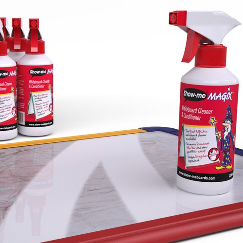Never have dirty whiteboards again with Show-me MAGIX Whiteboard Cleaner and Conditioner.Ideal for use on wall-mounted and individual drywipe boards, it's two products in one. Each application effortlessly removes ghosting, stubborn staining, ballpoint pens and permanent marker with ease. The unique STAYCLEAN ingredient adds a conditioning microfilm layer, which improves the erasability and gives a far smoother writing experience.Pack contains 16 x 250ml trigger spray bottles of Show-me MAGIX.