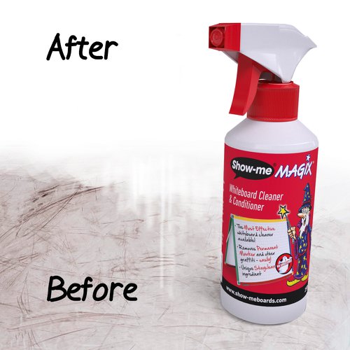 Never have dirty whiteboards again with Show-me MAGIX Whiteboard Cleaner and Conditioner.Ideal for use on wall-mounted and individual drywipe boards, it's two products in one. Each application effortlessly removes ghosting, stubborn staining, ballpoint pens and permanent marker with ease. The unique STAYCLEAN ingredient adds a conditioning microfilm layer, which improves the erasability and gives a far smoother writing experience.Pack contains 16 x 250ml trigger spray bottles of Show-me MAGIX.