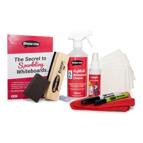 The secret to sparkling whiteboards couldn't be easier. Just treat them with care, use proper drywipe accessories and use a specially formulated whiteboard cleaner at regular intervals. This starter set will give you everything you need to do just that. 1 x Mini foam eraser, 1 x Large wooden handled eraser, 1 x 500ml Refillable whiteboard cleaner, 1 x Dissolvable whiteboard cleaner sachet, 1 x Luxury soft renovator cloth - colour may vary, 1 x 100ml Magix whiteboard renovator & conditioner - Sample, 5 x Premium multi-use cleaning tissues, 1 x Show-me medium tip drywipe marker, black, 1 x Show-me Teacher, drywipe marker, black.
