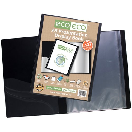 ECO001-S | Strong black 600 micron cover display book with clear 160 micron A5 size sleeve on front cover for personalisation and presentation.  Clear additional storage pocket featured inside of front cover to house loose items and documents.  A total of 20 pages (40 sides to view) securely bound for optimum and multi-purpose filing.  50 micron pages are acid free, smooth, glass clear and copy safe.  These pages securely hold A5 documents.  Responsibly sourced materials and responsibly produced.  Made from 50% recycled materials, product and packaging both 100% recyclable.  
