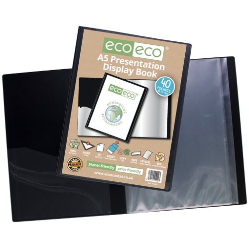 ECO002-S | Strong black 600 micron cover display book with clear 160 micron A5 size sleeve on front cover for personalisation and presentation.  Clear additional storage pocket featured inside of front cover to house loose items and documents.  A total of 40 pages (80 sides to view) securely bound for optimum and multi-purpose filing.  50 micron pages are acid free, smooth, glass clear and copy safe.  These pages securely hold A5 documents.  Responsibly sourced materials and responsibly produced.  Made from 50% recycled materials, product and packaging both 100% recyclable.  