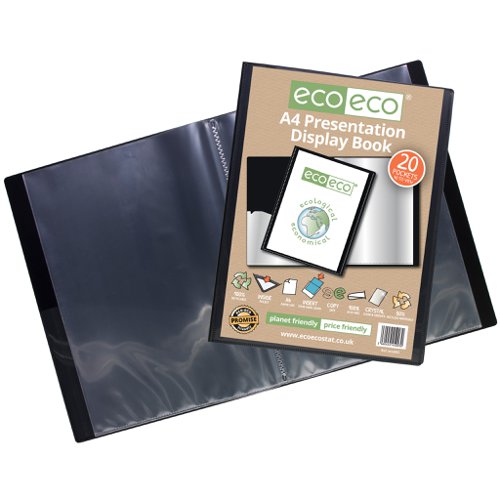 ECO003-S | Strong black 600 micron cover display book with clear 160 micron A4 size sleeve on front cover for personalisation and presentation.  Clear additional storage pocket featured inside of front cover to house loose items and documents.  A total of 20 pages (40 sides to view) securely bound for optimum and multi-purpose filing.  50 micron pages are acid free, smooth, glass clear and copy safe.  These pages securely hold A4 documents.  Responsibly sourced materials and responsibly produced.  Made from 50% recycled materials, product and packaging both 100% recyclable.  