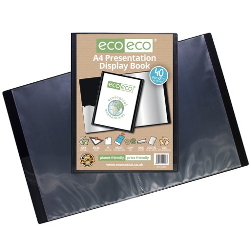 ECO004-S | Strong black 600 micron cover display book with clear 160 micron A4 size sleeve on front cover for personalisation and presentation.  Clear additional storage pocket featured inside of front cover to house loose items and documents.  A total of 40 pages (80 sides to view) securely bound for optimum and multi-purpose filing.  50 micron pages are acid free, smooth, glass clear and copy safe.  These pages securely hold A4 documents.  Responsibly sourced materials and responsibly produced.  Made from 50% recycled materials, product and packaging both 100% recyclable.  