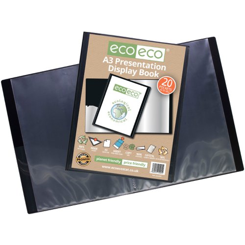 ECO005-S | Strong black 700 micron cover display book with clear 160 micron A3 size sleeve on front cover for personalisation and presentation.  Clear additional storage pocket featured inside of front cover to house loose items and documents.  A total of 20 pages (40 sides to view) securely bound for optimum and multi-purpose filing.  50 micron pages are acid free, smooth, glass clear and copy safe.  These pages securely hold A3 documents.  Responsibly sourced materials and responsibly produced.  Made from 50% recycled materials, product and packaging both 100% recyclable.  