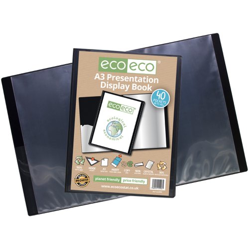 ECO006-S | Strong black 700 micron cover display book with clear 160 micron A3 size sleeve on front cover for personalisation and presentation.  Clear additional storage pocket featured inside of front cover to house loose items and documents.  A total of 40 pages (80 sides to view) securely bound for optimum and multi-purpose filing.  50 micron pages are acid free, smooth, glass clear and copy safe.  These pages securely hold A3 documents.  Responsibly sourced materials and responsibly produced.  Made from 50% recycled materials, product and packaging both 100% recyclable.  