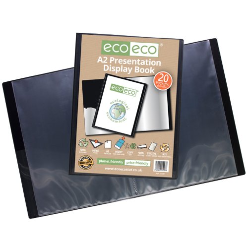 ECO007-S | Strong black 1000 micron cover display book with clear 160 micron A2 size sleeve on front cover for personalisation and presentation.  Clear additional storage pocket featured inside of front cover to house loose items and documents.  A total of 20 pages (40 sides to view) securely bound for optimum and multi-purpose filing.  50 micron pages are acid free, smooth, glass clear and copy safe.  These pages securely hold A2 documents.  Responsibly sourced materials and responsibly produced.  Made from 50% recycled materials, product and packaging both 100% recyclable.  