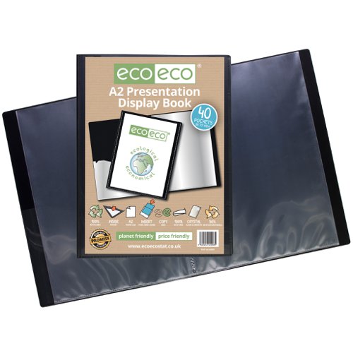ECO008-S | Strong black 1000 micron cover display book with clear 160 micron A2 size sleeve on front cover for personalisation and presentation.  Clear additional storage pocket featured inside of front cover to house loose items and documents.  A total of 40 pages (80 sides to view) securely bound for optimum and multi-purpose filing.  50 micron pages are acid free, smooth, glass clear and copy safe.  These pages securely hold A2 documents.  Responsibly sourced materials and responsibly produced.  Made from 50% recycled materials, product and packaging both 100% recyclable.  