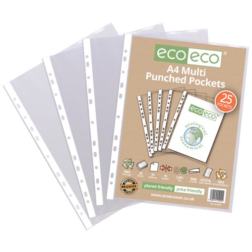 ECO009-S | Strong 45 micron strength wallets, ideal for home, office and professional use.  These pockets securely hold A4 documents. 25 pockets per single pack.  Glass clear visibility with smooth finish.  Multi-punched spine for universal filing.  Acid free and copy safe.  Responsibly sourced materials and responsibly produced.  Made from 100% recycled materials, product and packaging both 100% recyclable.  