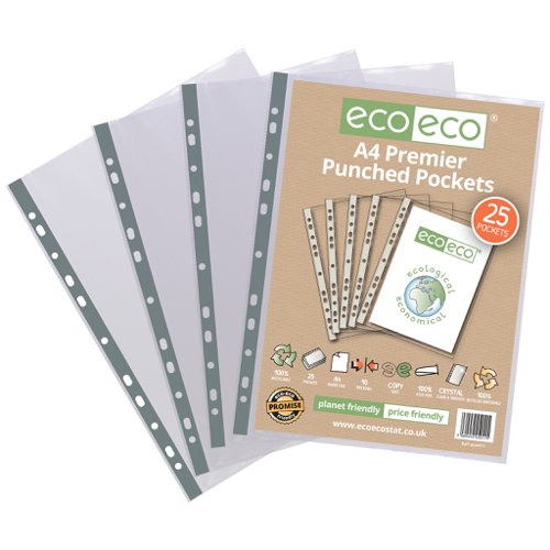 ECO011-S | Strong 90 micron strength wallets, ideal for home, office and professional use.  These pockets securely hold A4 documents. 25 pockets per single pack.  Glass clear visibility with smooth finish and superior strength.  Reinforced (grey) multi-punched spine for universal filing.  Acid free and copy safe.  Responsibly sourced materials and responsibly produced.  Made from 100% recycled materials, product and packaging both 100% recyclable.  
