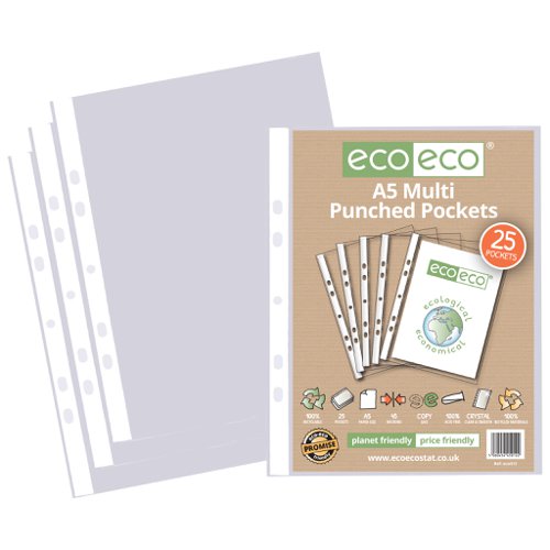 ECO012-S | Strong 45 micron strength wallets, ideal for home, office and professional use.  These pockets securely hold A5 documents. 25 pockets per single pack.  Glass clear visibility with smooth finish.  Multi-punched spine for universal filing.  Acid free and copy safe.  Responsibly sourced materials and responsibly produced.  Made from 100% recycled materials, product and packaging both 100% recyclable.  