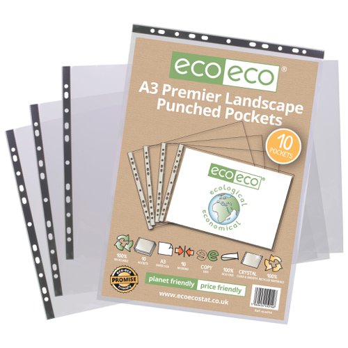 ECO014-S | Strong 90 micron strength wallets, ideal for home, office and professional use.  These pockets securely hold A3 documents. 10 pockets per single pack.  Glass clear visibility with smooth finish and superior strength.  Reinforced (grey) multi-punched spine for universal filing.  Acid free and copy safe.  Responsibly sourced materials and responsibly produced.  Made from 100% recycled materials, product and packaging both 100% recyclable.  