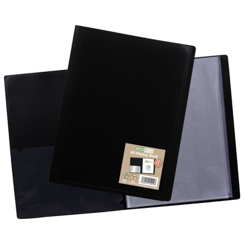 ECO015-S | Strong and flexible black 400 micron cover display book, ideal for home, office and professional use.  Clear additional storage pocket featured inside of front cover to house loose items and documents.  A total of 20 pages (40 sides to view) securely bound for optimum and multi-purpose filing.  40 micron pages are acid free, smooth, glass clear and copy safe.  These pages securely hold A5 documents.  Made from 100% recycled materials, product and packaging both 100% recyclable.  