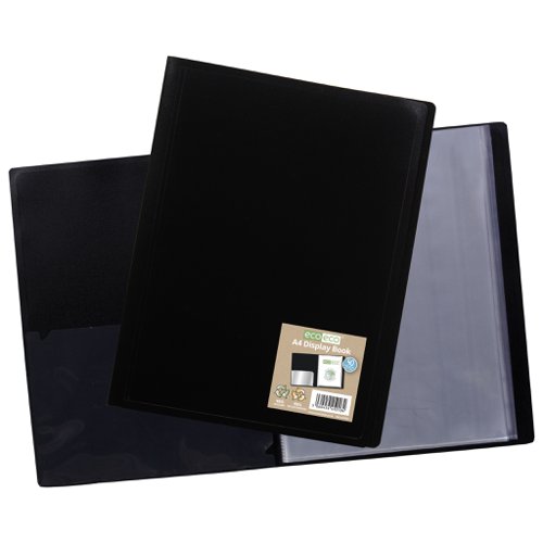 ECO018-S | Strong and flexible black 400 micron cover display book, ideal for home, office and professional use.  Clear additional storage pocket featured inside of front cover to house loose items and documents.  A total of 40 pages (80 sides to view) securely bound for optimum and multi-purpose filing.  40 micron pages are acid free, smooth, glass clear and copy safe.  These pages securely hold A4 documents.  Made from 100% recycled materials, product and packaging both 100% recyclable.  