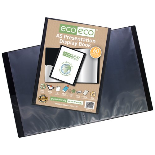 ECO019-S | Strong black 600 micron cover display book with clear 160 micron A5 size sleeve on front cover for personalisation and presentation.  Clear additional storage pocket featured inside of front cover to house loose items and documents.  A total of 60 pages (120 sides to view) securely bound for optimum and multi-purpose filing.  50 micron pages are acid free, smooth, glass clear and copy safe.  These pages securely hold A5 documents.  Responsibly sourced materials and responsibly produced.  Made from 50% recycled materials, product and packaging both 100% recyclable.  