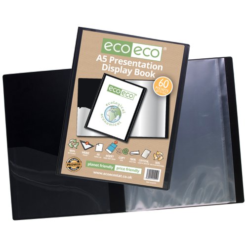 ECO019-S | Strong black 600 micron cover display book with clear 160 micron A5 size sleeve on front cover for personalisation and presentation.  Clear additional storage pocket featured inside of front cover to house loose items and documents.  A total of 60 pages (120 sides to view) securely bound for optimum and multi-purpose filing.  50 micron pages are acid free, smooth, glass clear and copy safe.  These pages securely hold A5 documents.  Responsibly sourced materials and responsibly produced.  Made from 50% recycled materials, product and packaging both 100% recyclable.  