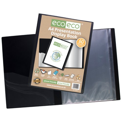 ECO020-S | Strong black 600 micron cover display book with clear 160 micron A4 size sleeve on front cover for personalisation and presentation.  Clear additional storage pocket featured inside of front cover to house loose items and documents.  A total of 60 pages (120 sides to view) securely bound for optimum and multi-purpose filing.  50 micron pages are acid free, smooth, glass clear and copy safe.  These pages securely hold A4 documents.  Responsibly sourced materials and responsibly produced.  Made from 50% recycled materials, product and packaging both 100% recyclable.  