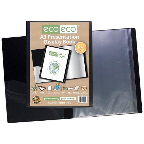 ECO021-S | Strong black 700 micron cover display book with clear 160 micron A3 size sleeve on front cover for personalisation and presentation.  Clear additional storage pocket featured inside of front cover to house loose items and documents.  A total of 60 pages (120 sides to view) securely bound for optimum and multi-purpose filing.  50 micron pages are acid free, smooth, glass clear and copy safe.  These pages securely hold A3 documents.  Responsibly sourced materials and responsibly produced.  Made from 50% recycled materials, product and packaging both 100% recyclable.  