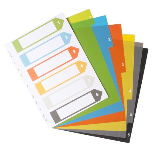 ECO027-S | Strong 200 micron strength A4 size index file dividers, ideal for home, office and professional use.  Set of 6 dividers colour coded and numbered 1 to 6 for the filing and organising of paperwork and documents in ring binders and files.  Includes a contents page for easy referencing, templates can be downloaded from our website.  Extra wide for use with multi-punched pockets.  Responsibly sourced materials and responsibly produced.  Made from 50% recycled materials, product and packaging both 100% recyclable.  