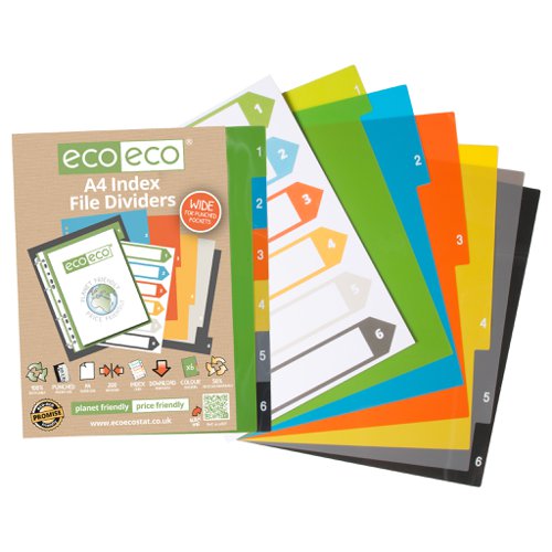 A4 50% Recycled Set 6 Wide Index File Dividers (1) Printed File Dividers ECO027-S